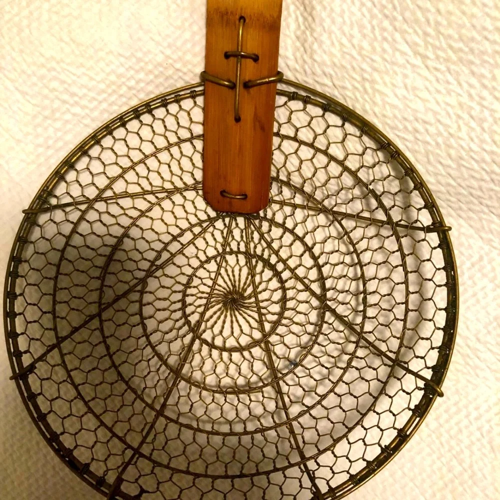 Vintage Primitive huge wire strainer skimmer bamboo wood handle Chinese